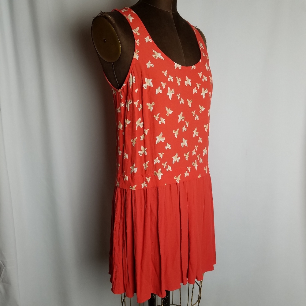 UO Cooperative Orange Bird Print Drop Waist Sleeveless Tunic Mini Dress Size Sm